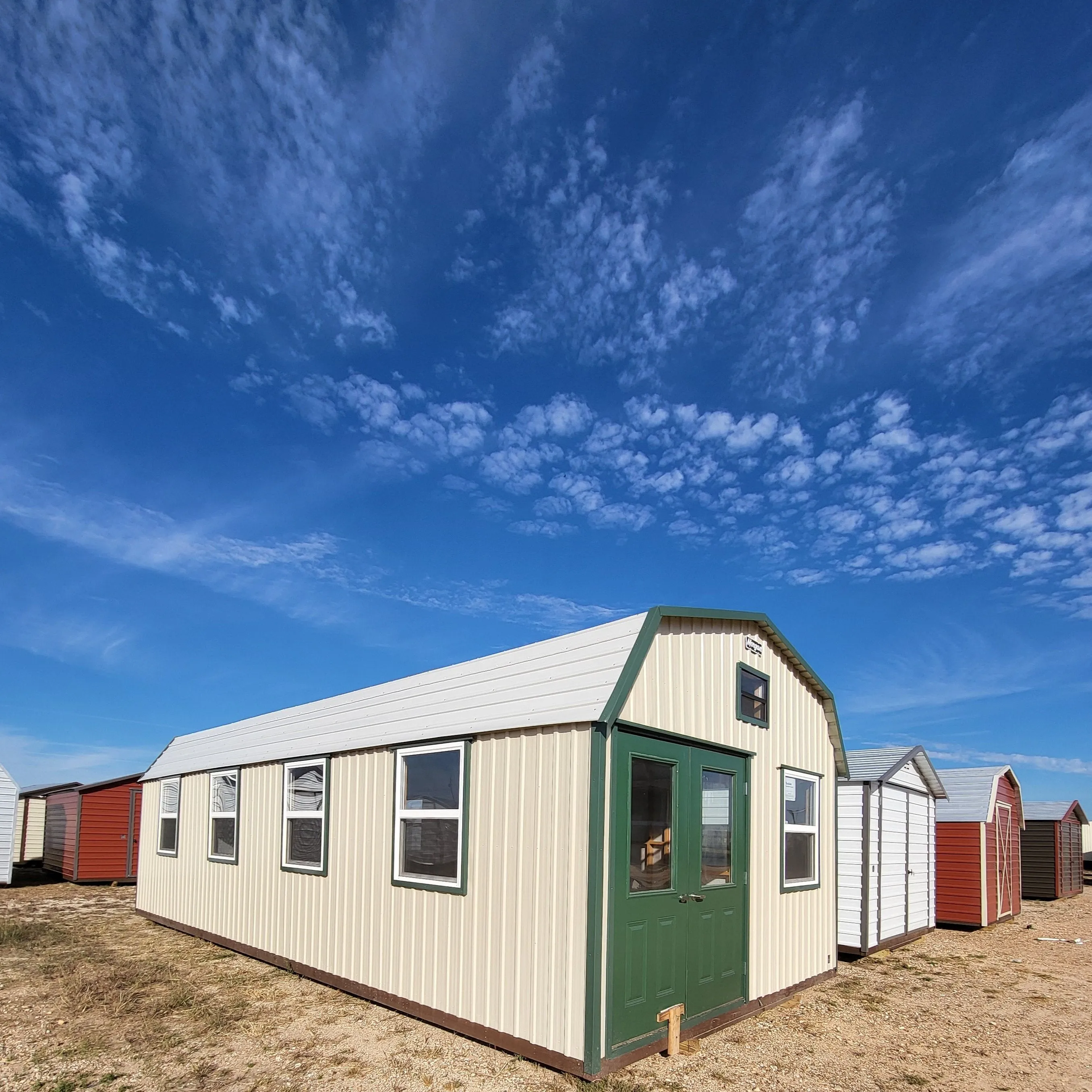 06 x 06 Steel Storage Shed in Tan Siding and Green Trim