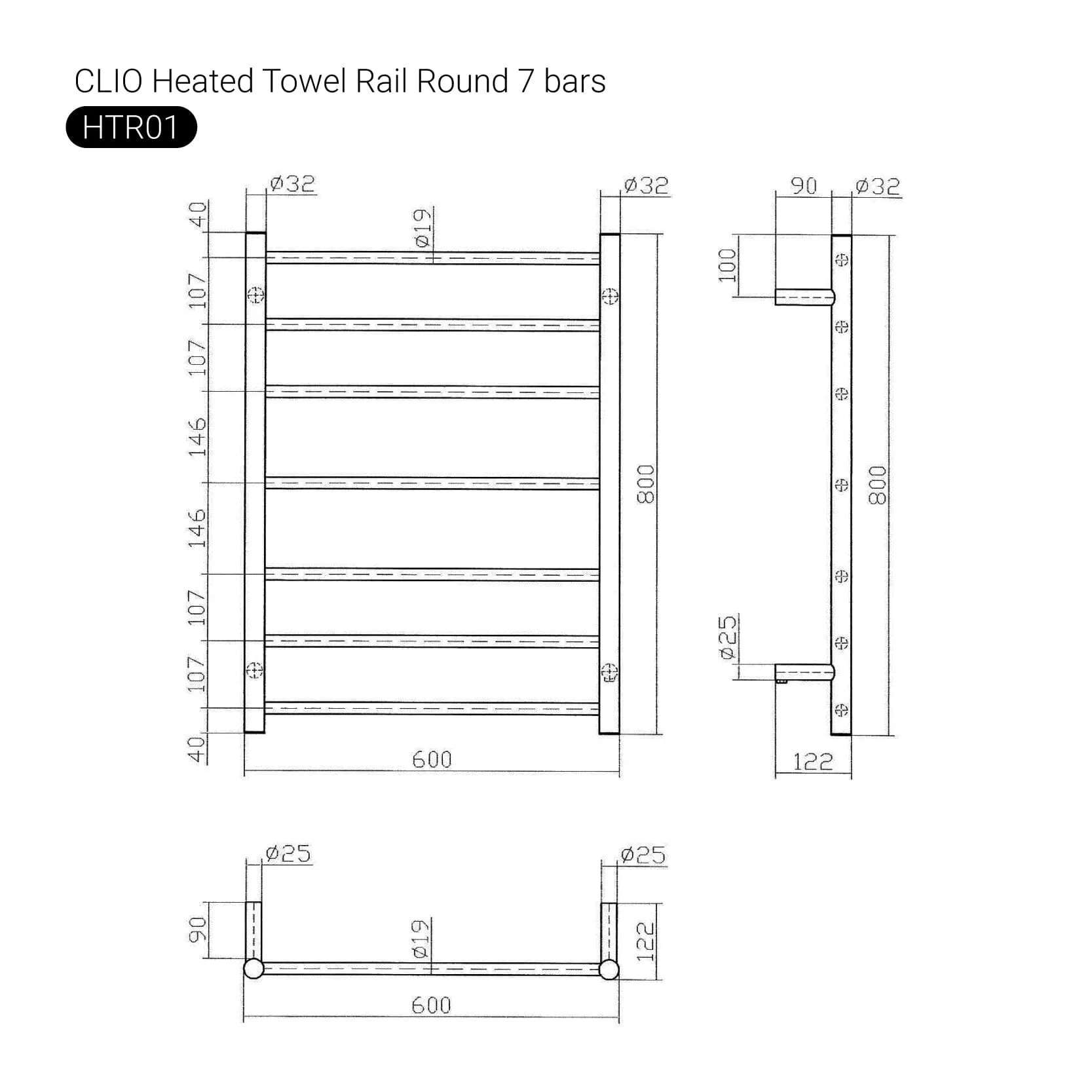 CLIO Heated Towel Rail Round Brushed Gold