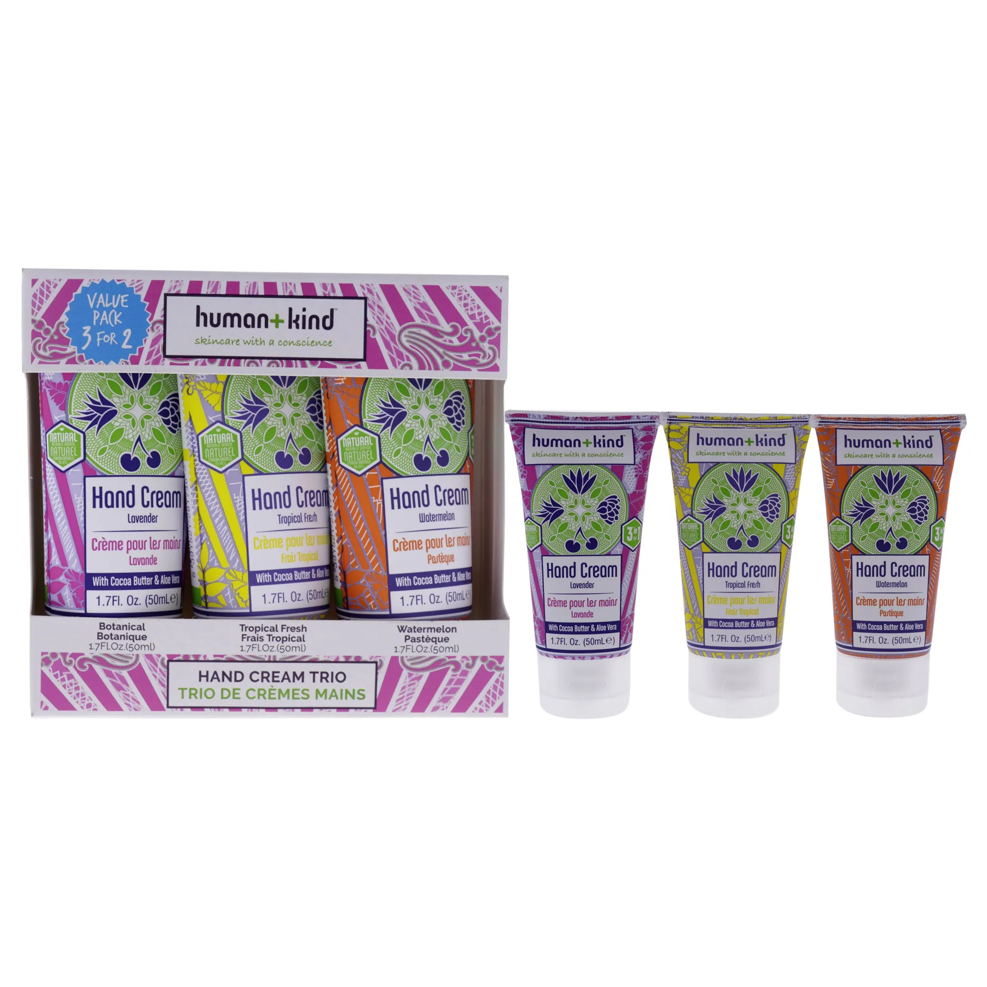 Hand Cream Trio by Human Kind for Unisex - 3 Pc 1.7oz Hand Cream - Watermelon, 1.7oz Hand Cream - Tropical Fresh, 1.7oz Hand Cream - Lavender