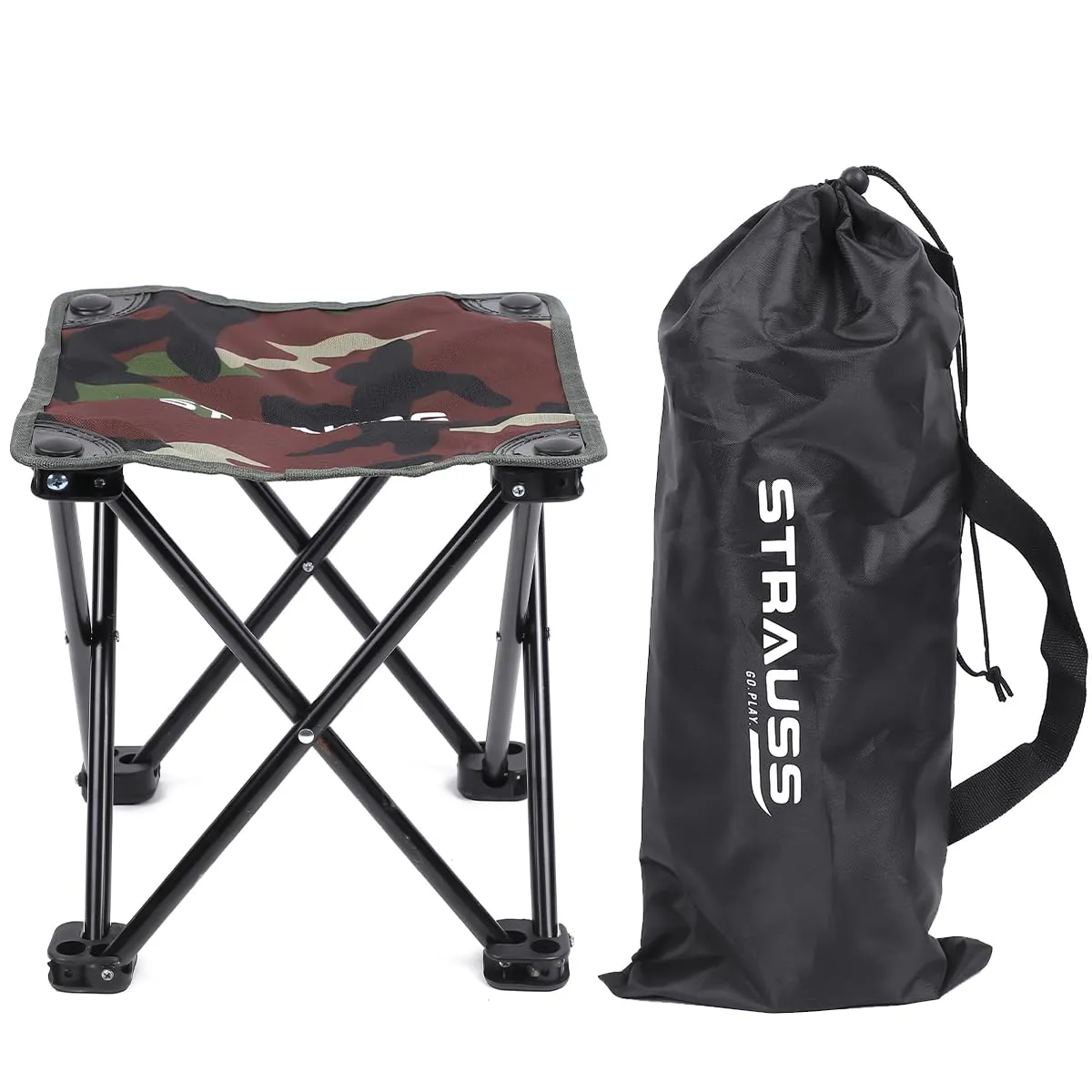 STRAUSS Portable Compact Folding Chair with Carry Bag | Portable Camping Chair with 4 Legs | Lightweight & Breathable | Perfect for Outdoor Camping, Beach, Picnics, and Hiking,(30 X 30 X 26 CM)