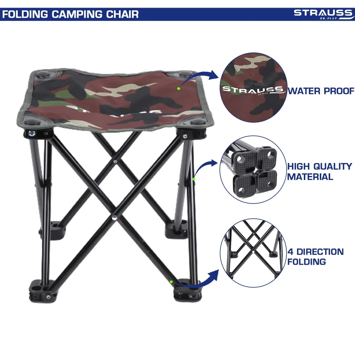 STRAUSS Portable Compact Folding Chair with Carry Bag | Portable Camping Chair with 4 Legs | Lightweight & Breathable | Perfect for Outdoor Camping, Beach, Picnics, and Hiking,(30 X 30 X 26 CM)