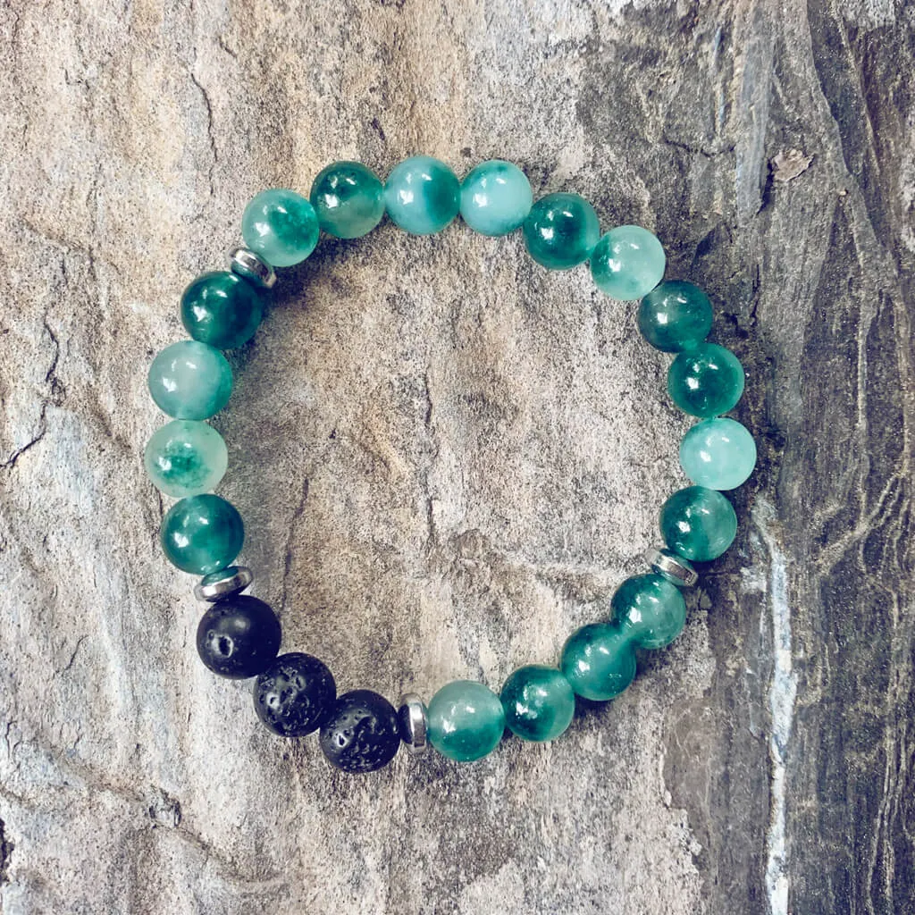 tide // caribbean sea green jade, lava rock and hematite mala bead bracelet