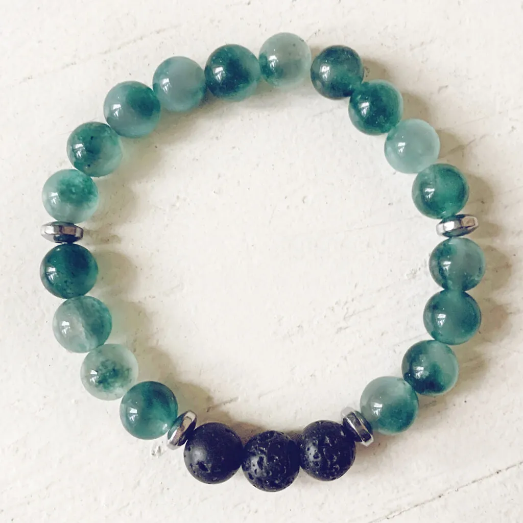 tide // caribbean sea green jade, lava rock and hematite mala bead bracelet