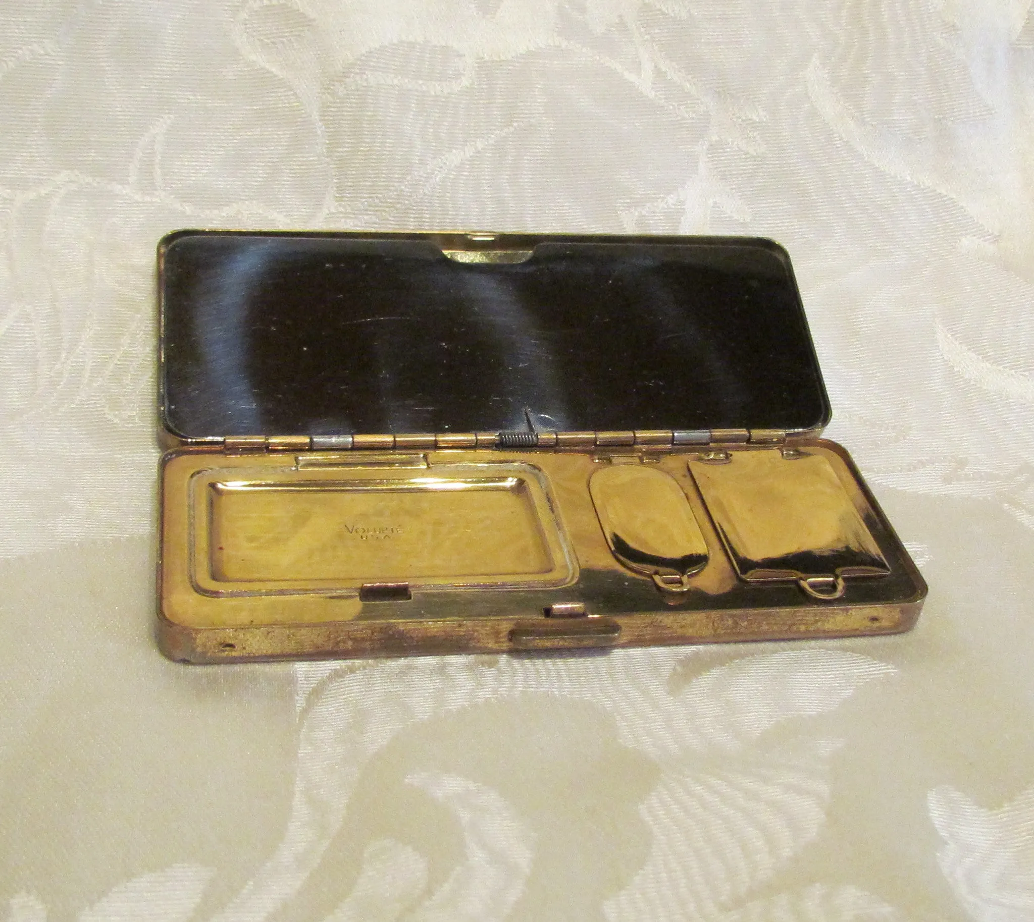 Volupte Black Enamel Compact 1940s Rhinestone Compact Art Deco Carryall Purse